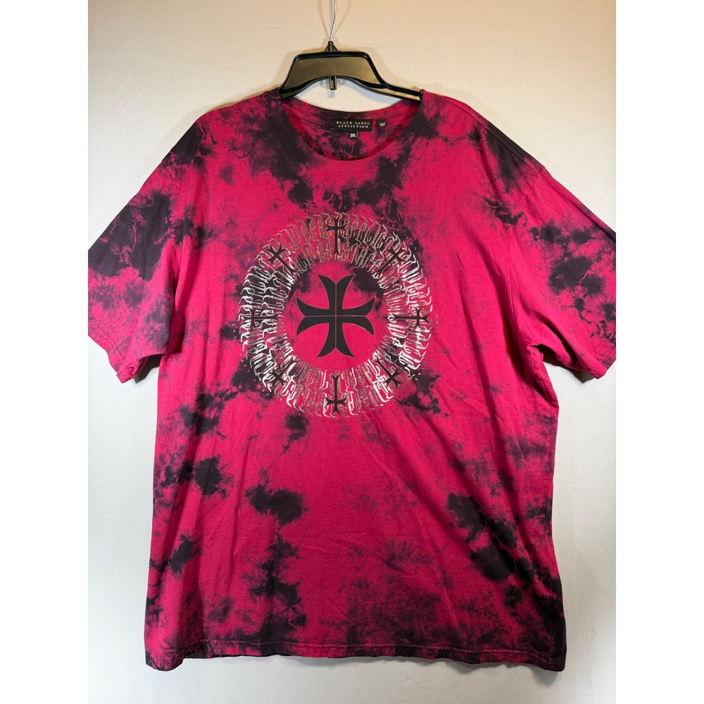 Black Label Affliction Mens 3XL Tie Dye Graphic T-Shirt Red Black Gothic Cross